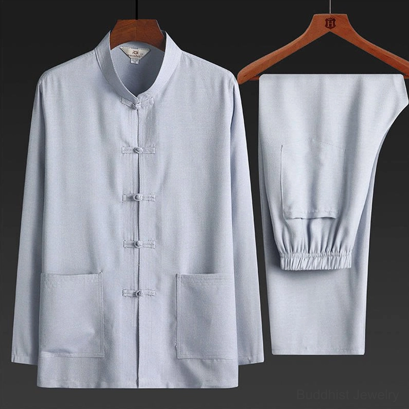 Light gray men's Tang suit two-piece set - front view with stand collar detail