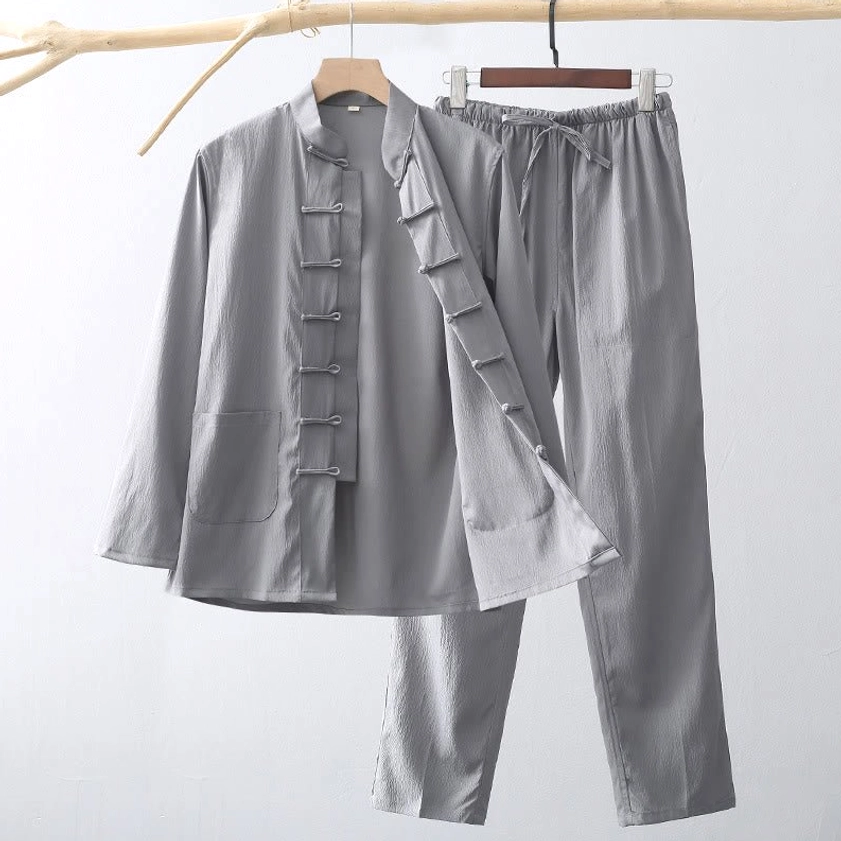 Gray tang suit two-piece set with traditional frog button front and matching trousers