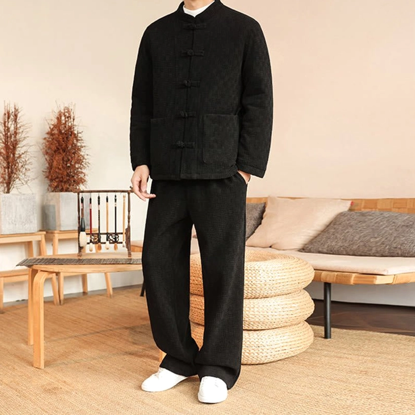 Men's Tang suit cotton padded ensemble, front body view showing jacket length and trouser fit