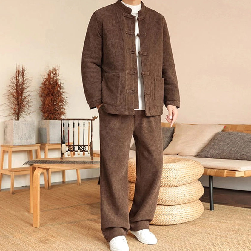 Men's traditional Tang suit ensemble, front body angle showcasing jacket and pants fit together