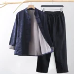 Men's navy jacquard vine Tang suit two-piece set with frog buttons - full hanging display showing jacket and pants ensemble