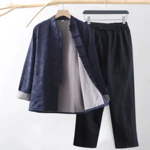 Men's navy jacquard vine Tang suit two-piece set with frog buttons - full hanging display showing jacket and pants ensemble
