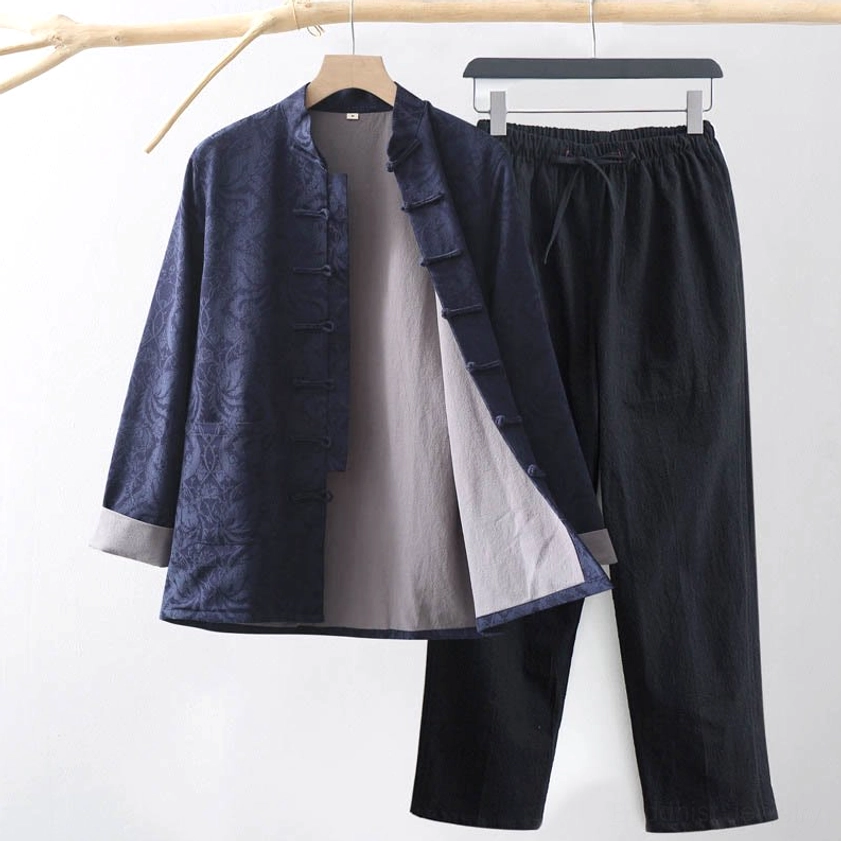 Men's navy jacquard vine Tang suit two-piece set with frog buttons - full hanging display showing jacket and pants ensemble