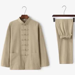 Men's khaki Tang suit two-piece set with traditional frog buttons and stand collar, front view on hanging display