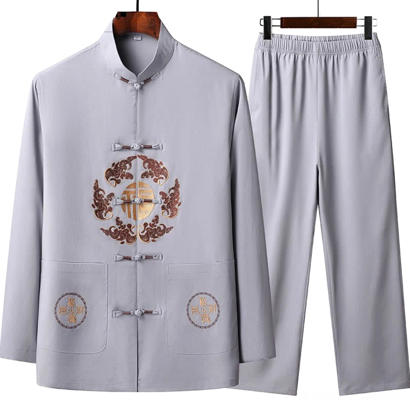 Light gray men's Tang suit ensemble with traditional embroidery and frog fasteners, studio product display showing complete two-piece set