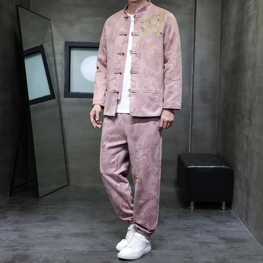 Men's Tang suit in misty rose color with Dragon Bamboo embroidery and frog button stand collar