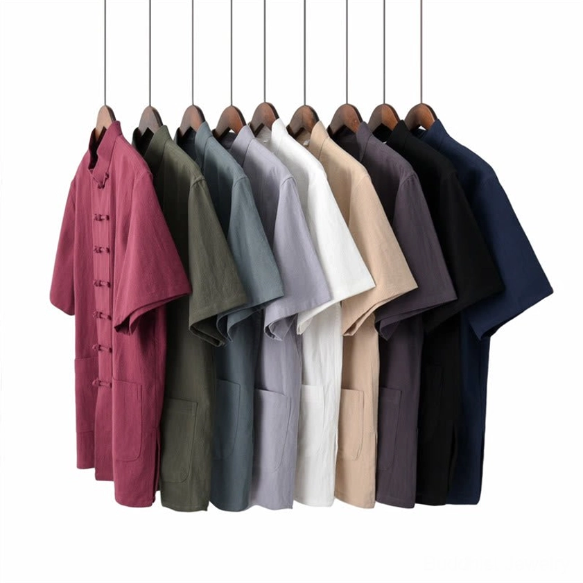 Multiple color options of men's Tang suit tops displayed side by side including red, beige, black, white and navy blue with frog button closures