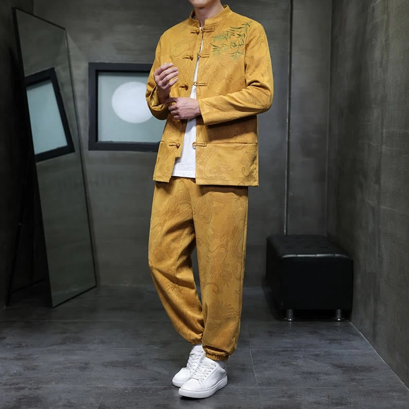Men's Tang suit in mustard yellow with Dragon Bamboo embroidery and traditional frog button stand collar