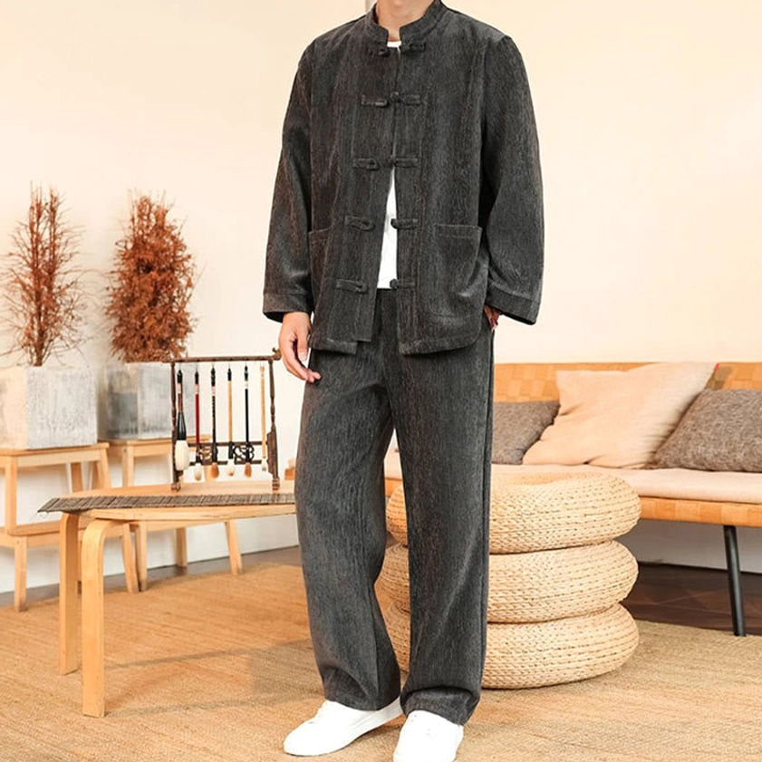 Men's Tang suit two-piece set front standing pose with natural positioning
