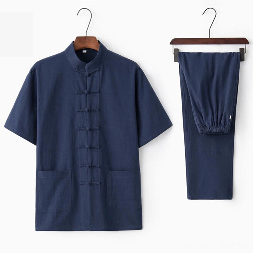 Men's navy blue traditional Tang suit set with patch pockets and mandarin collar, complete coordinated outfit