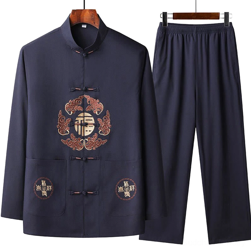 Navy blue men's Tang suit set with Fu character embroidery, mandarin collar, and patch pockets, detailed product showcase