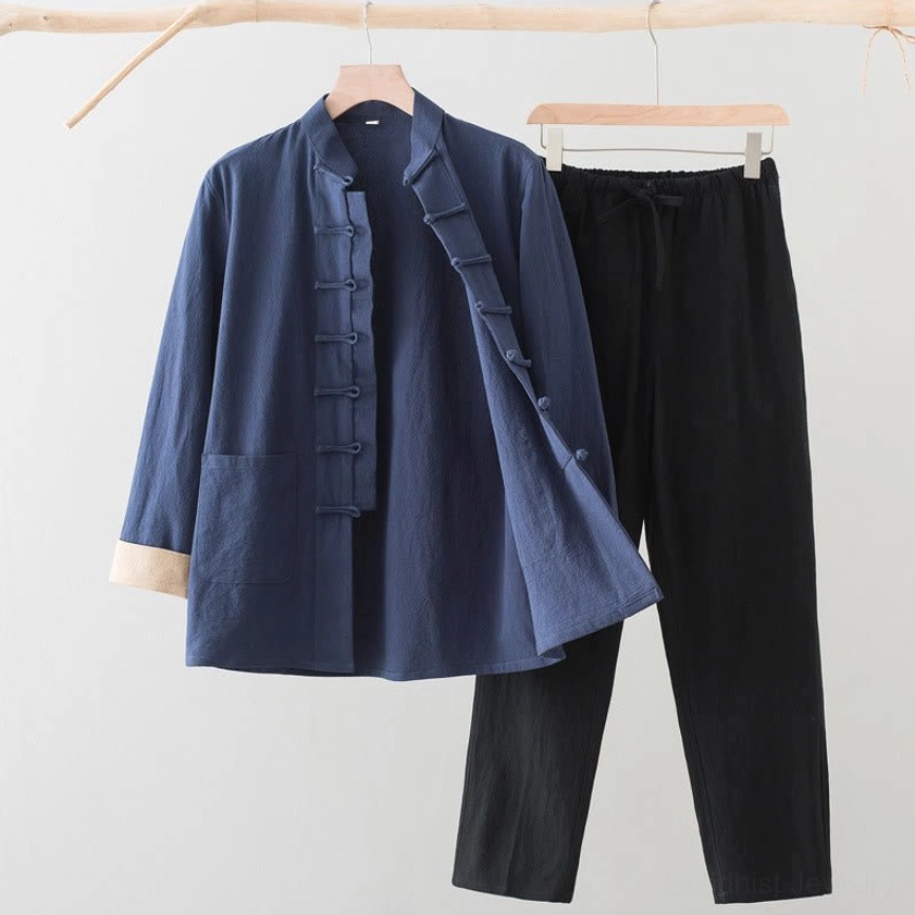 Men's Tang suit two-piece set with navy blue shirt and black pants featuring contrast cuffs and traditional design