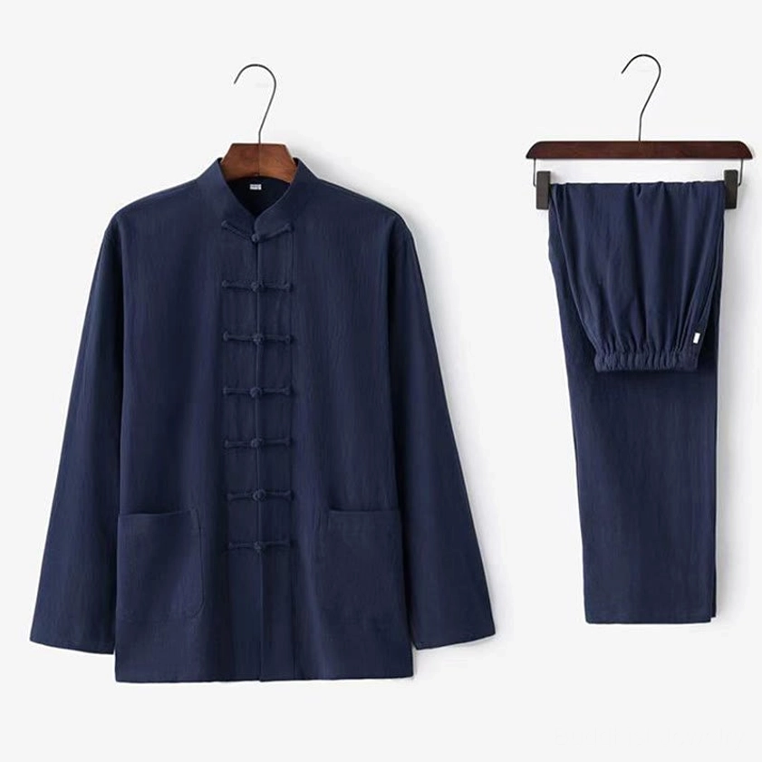 Men's navy Tang suit two-piece set with traditional frog buttons and elastic waist pants, multiple size options