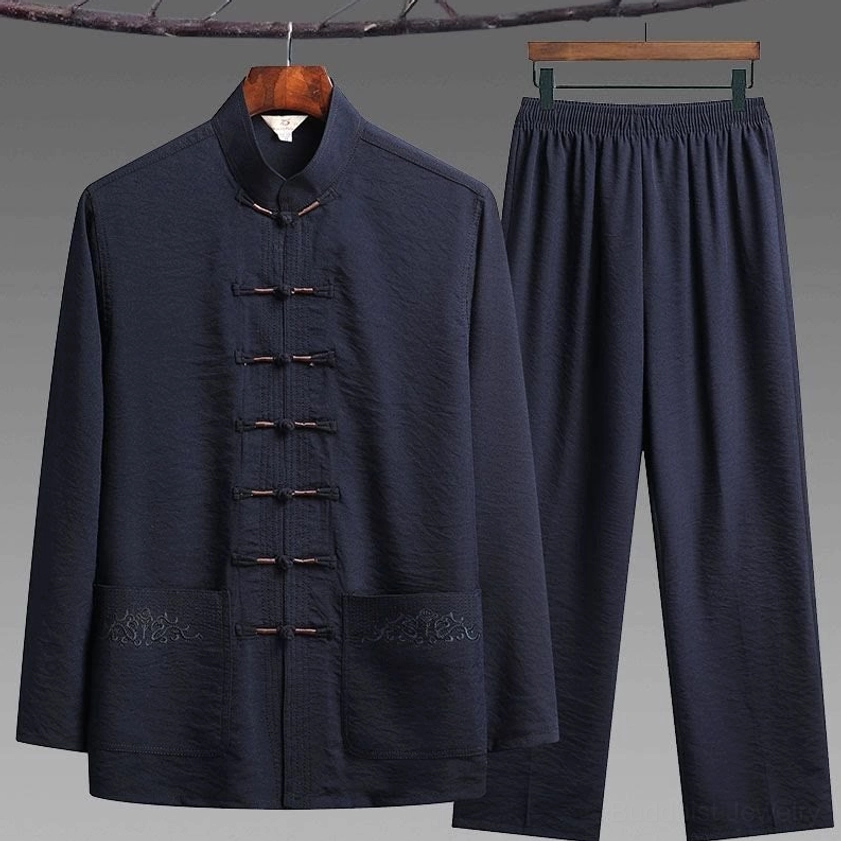 Men's traditional navy blue tang suit two-piece set with frog buttons, stand collar, and embroidered pockets - full length hanging display view