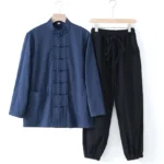 Men's Meditation Tang Suit navy blue shirt with black drawstring pants - front view with traditional frog button closure