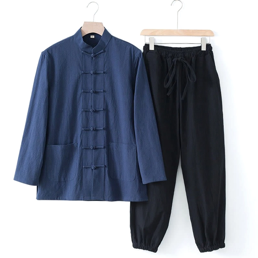 Men's Meditation Tang Suit navy blue shirt with black drawstring pants - front view with traditional frog button closure