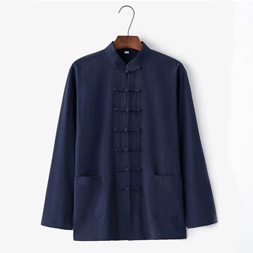 Men's Tang suit navy color two-piece set showing shirt and pants pairing with traditional design elements