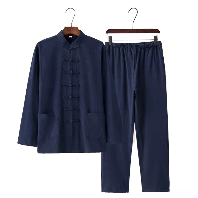 Men's navy Tang suit two-piece set with elastic waist pants, traditional frog button shirt detail