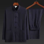 Men's Tang suit two-piece set front view - dark navy with stand collar and frog buttons