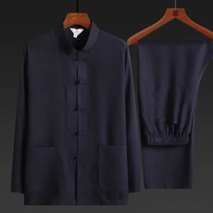 Men's Tang suit two-piece set front view - dark navy with stand collar and frog buttons