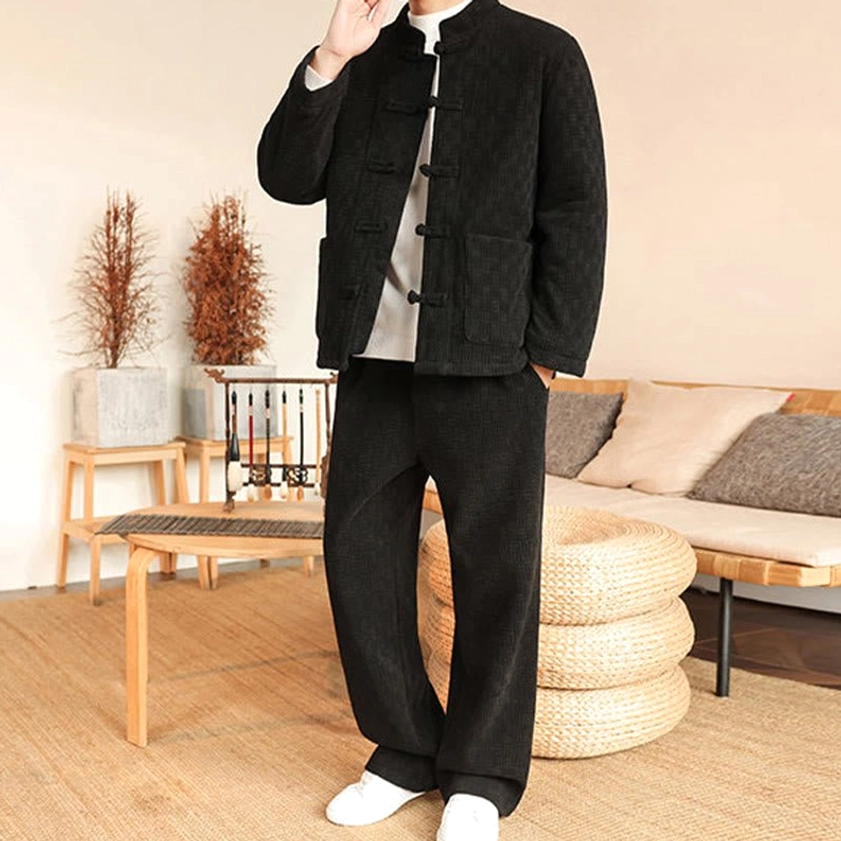 Men's traditional Tang suit jacket and pants, front view detail of padded fabric and construction quality