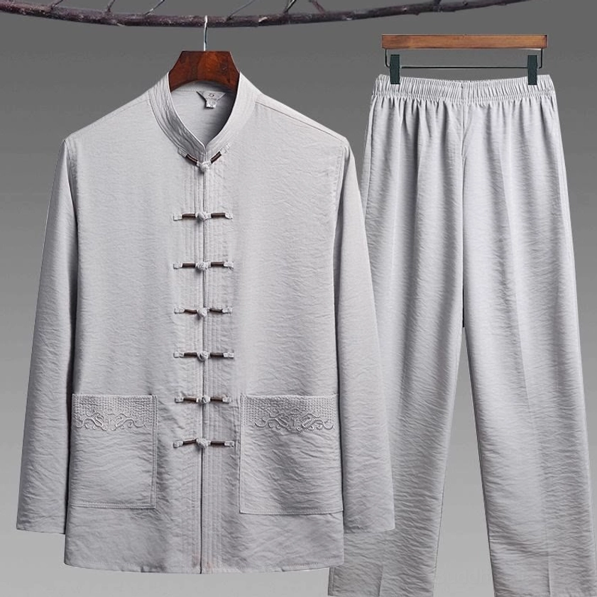 Men's tang suit pants with elastic waistband and functional pockets - traditional straight-leg cut