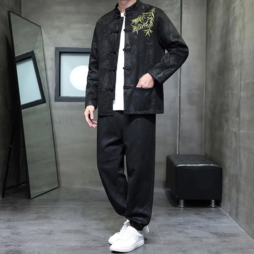 Men's Tang suit pants detail showing length, cuff, and waistband construction