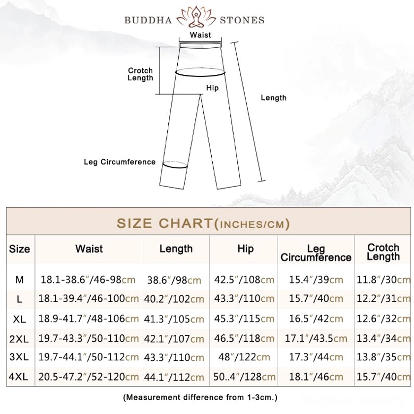 Men's Tang suit pants size measurement guide showing waist, hip and leg circumference specifications in multiple units