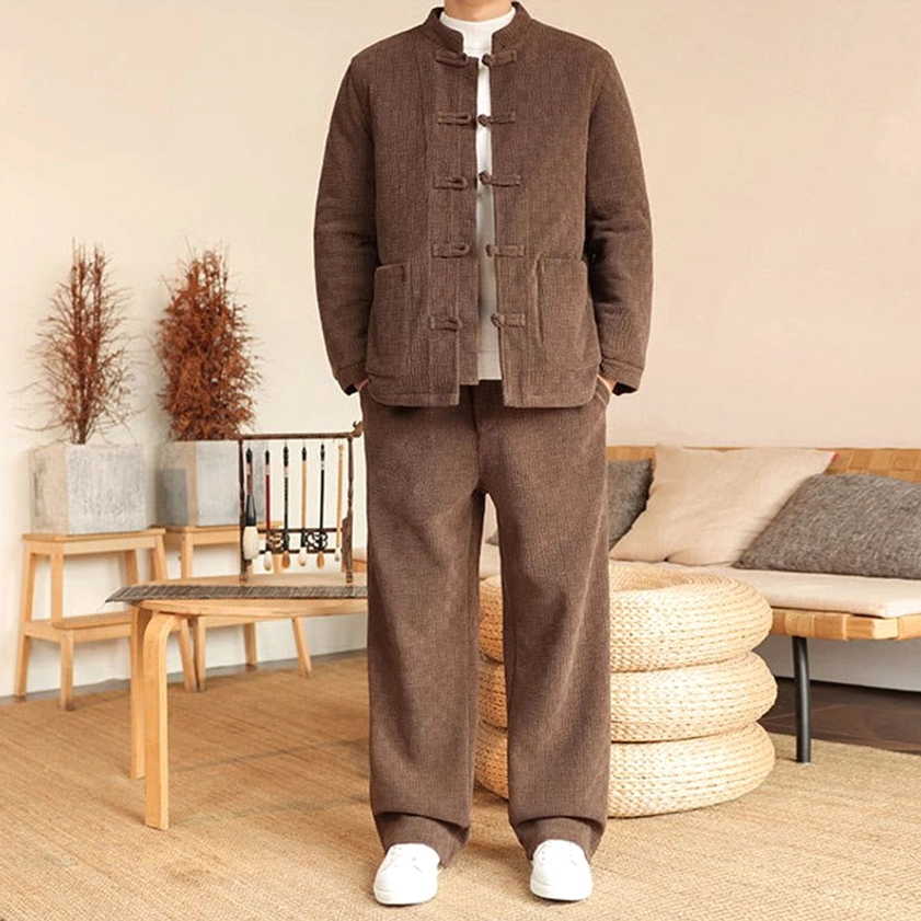 Men's traditional Tang suit jacket and pants set in peru color, full front body view with frog buttons