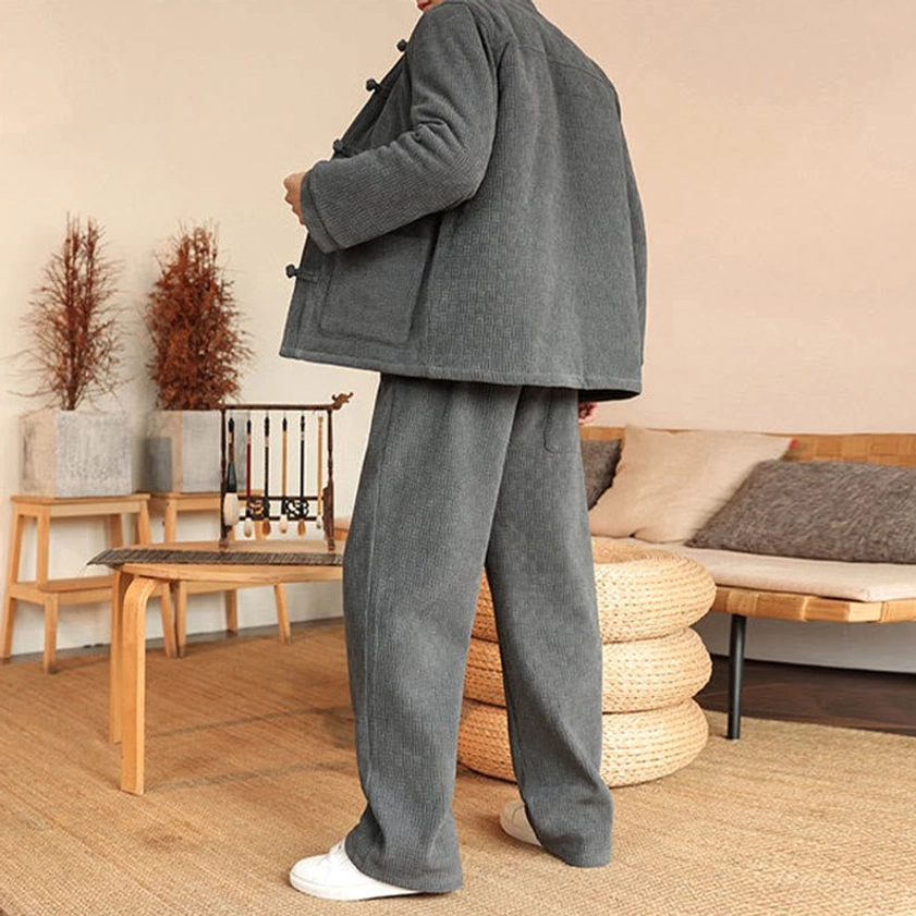 Men's Tang suit cotton padded set, rear view showing jacket back design and straight-cut trousers