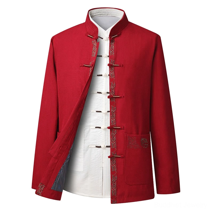 Men's red Tang suit jacket with traditional frog buttons and Fu character embroidery detail