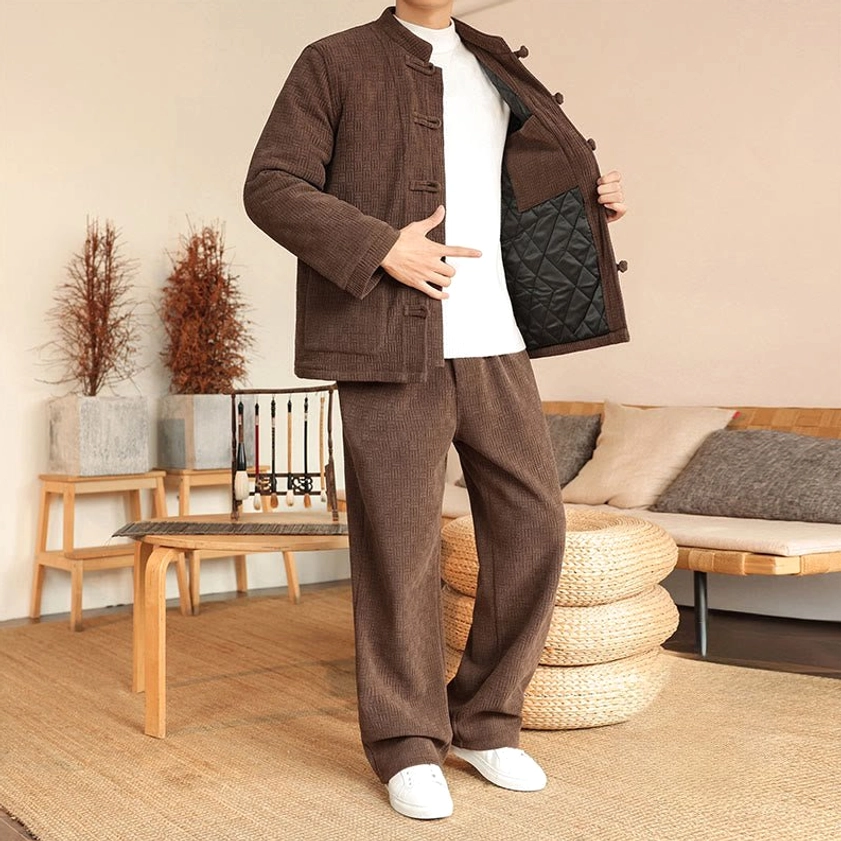 Men's Tang suit cotton padded jacket and pants set, full front body view with comfortable relaxed fit