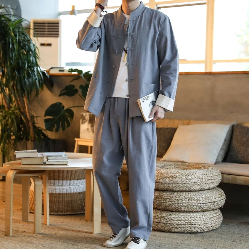 Men's traditional Tang suit with elastic waist pants, relaxed fit for meditation and daily wear