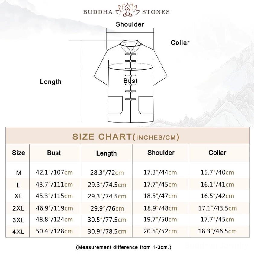 Men's Tang suit shirt size measurement chart with bust, length, shoulder and collar dimensions in centimeters and inches