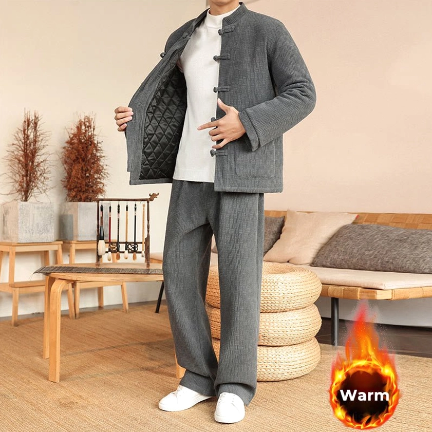 Men's Tang suit cotton padded two-piece ensemble, side view showing jacket inner quilted lining and frog button closure detail