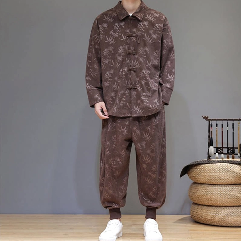 Tang suit in sienna tone with bamboo print, frontal view