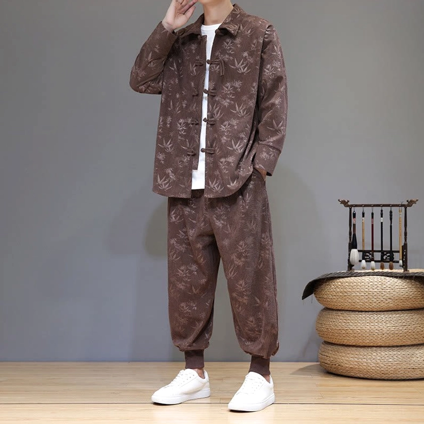 Men's sienna corduroy tang suit with bamboo leaf print, full-body view