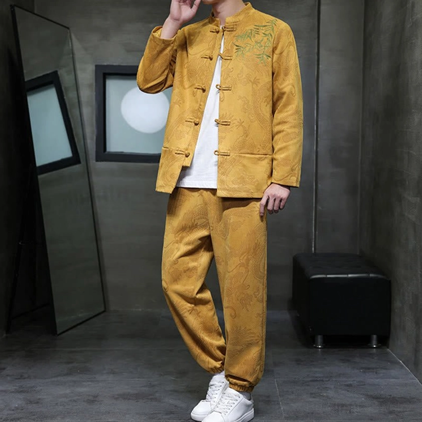 Men's Tang suit standing pose showing complete two-piece set and formal presentation