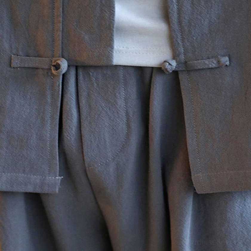 Men's Tang suit two-piece set in gray, ideal for tai chi, kung fu, and spiritual practices