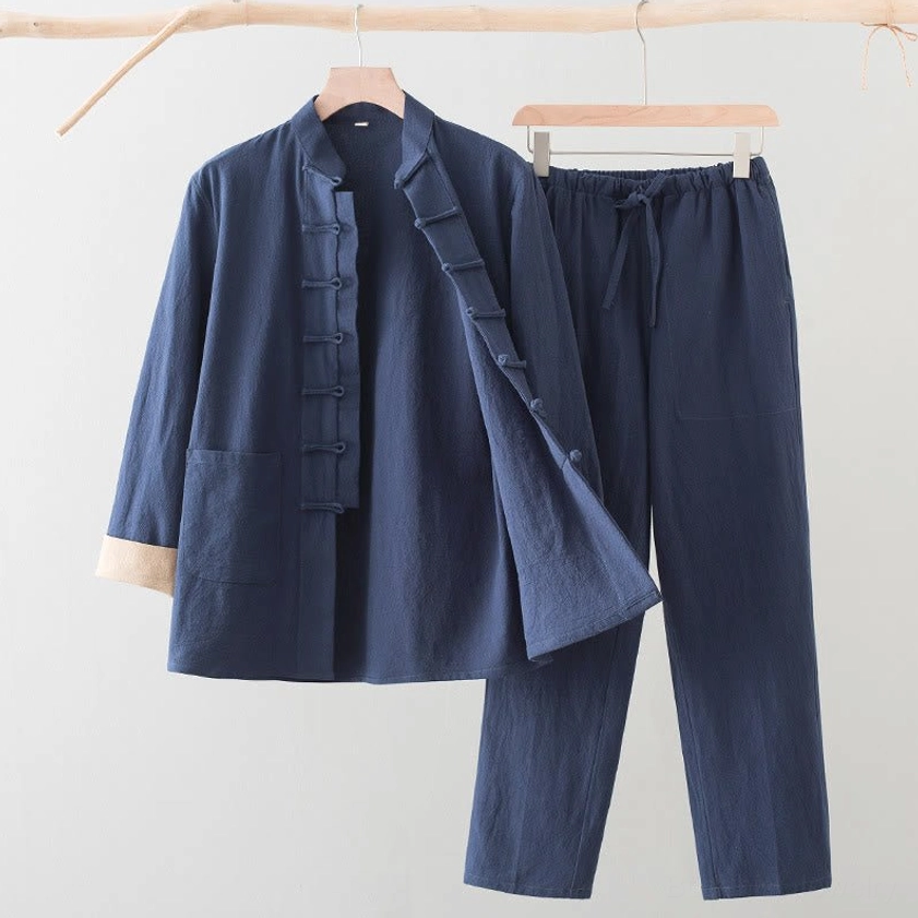 Full-length front view of men's Tang suit two-piece set on mannequin displaying complete outfit styling