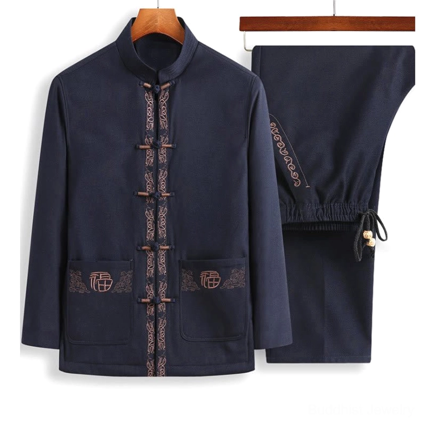 Men's dark navy Tang suit two-piece set with frog buttons and Fu character embroidery, front hanging display
