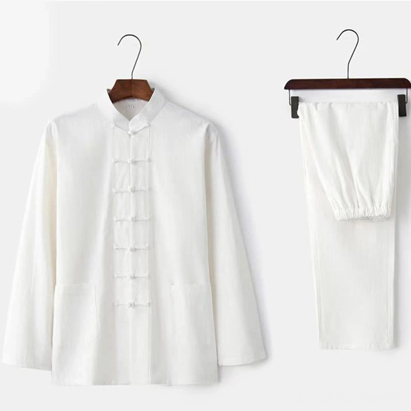 Men's white Tang suit two-piece set featuring straight leg pants and traditional frog button design, full product display