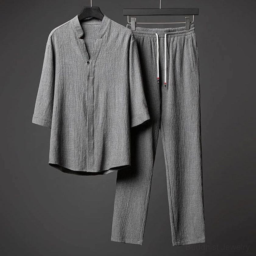 Men's textured stand collar shirt and pants two-piece set, front flat lay display showing gray fabric with wrinkled texture and elastic waist pants