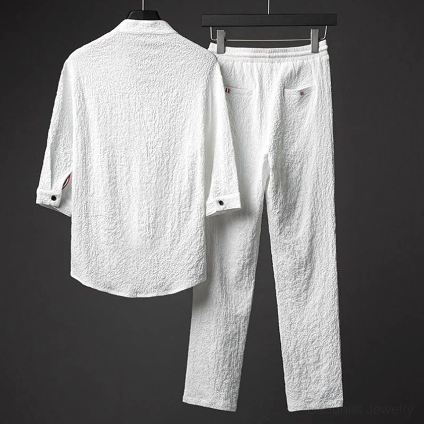 Men's textured white shirt and drawstring pants two-piece set, front flat lay display showing complete ensemble with stand collar