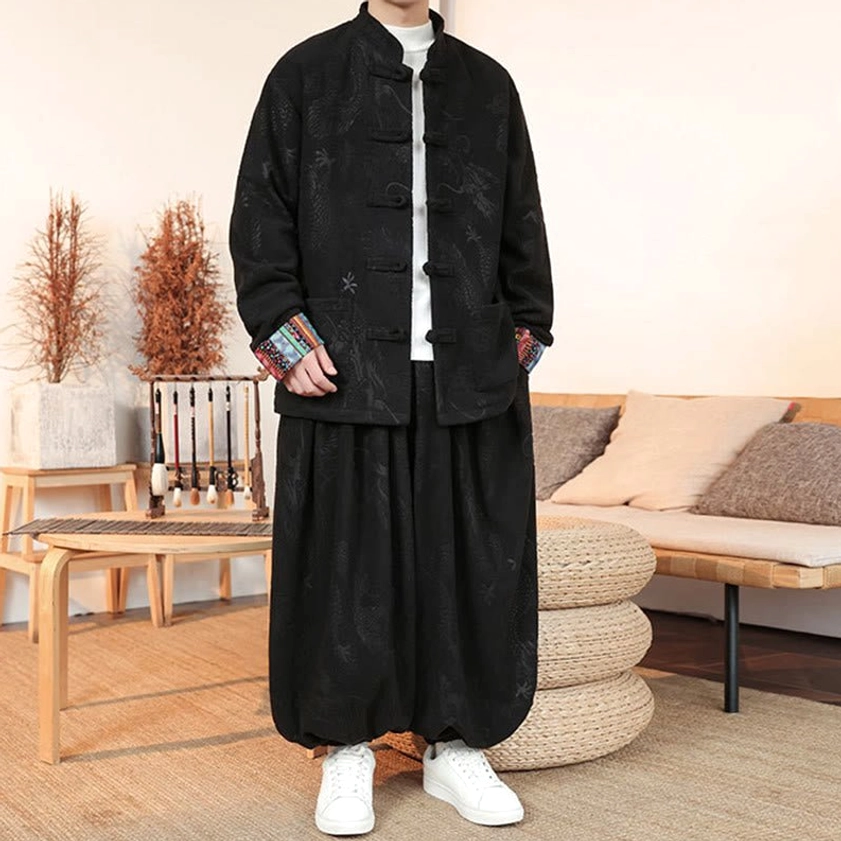 Traditional men's Tang suit with black dragon jacquard, hands in pants pockets, stand collar prominence