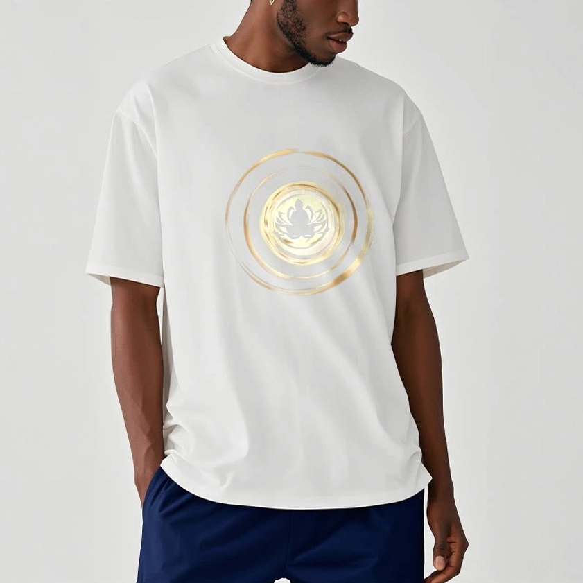 Man wearing white Buddha lotus spiritual t-shirt with navy pants casual style