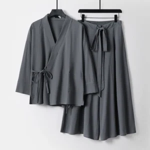 Men's white Buddhist meditation kimono loungewear set with wrap top and wide-leg pants front view
