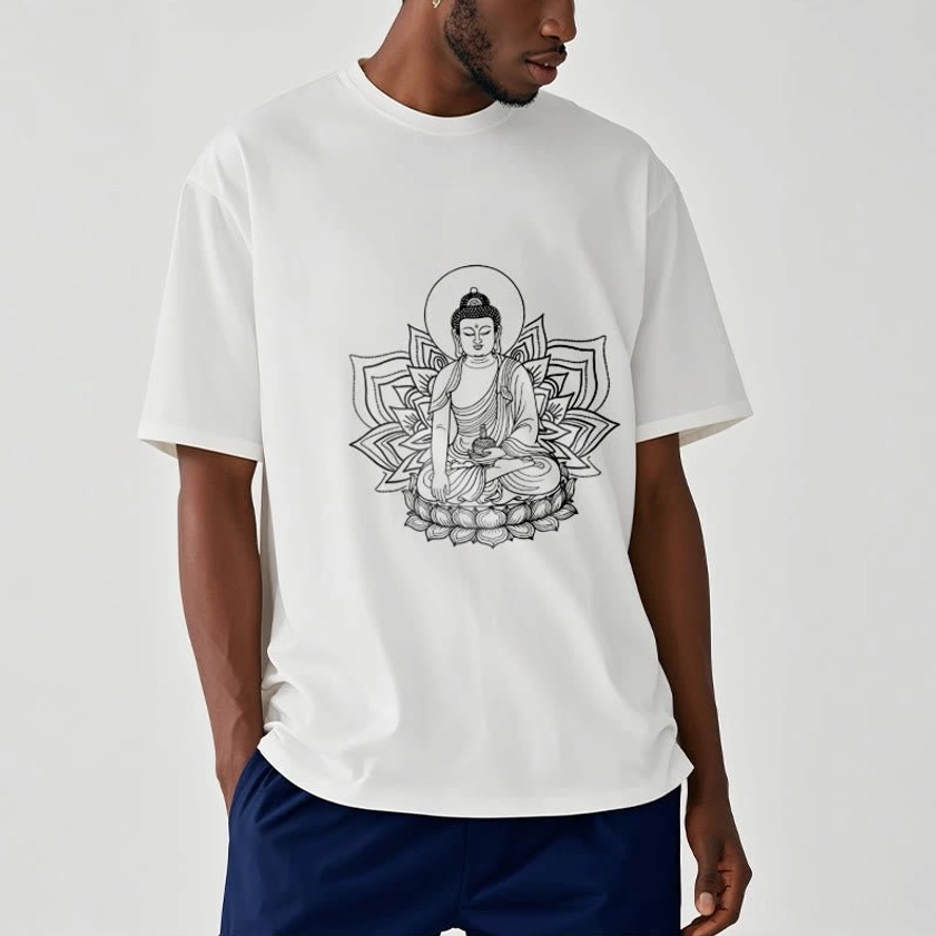 Men's white Medicine Buddha graphic t-shirt partial model view with navy pants