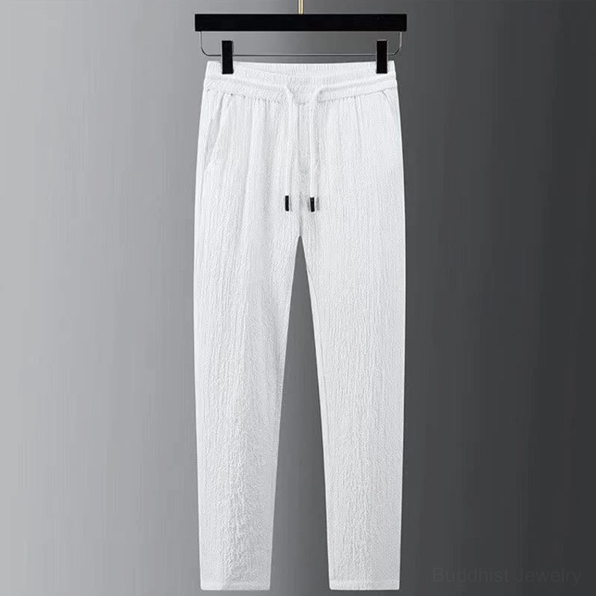 Men's white Buddhist meditation linen straight leg pants with elastic drawstring waist front view