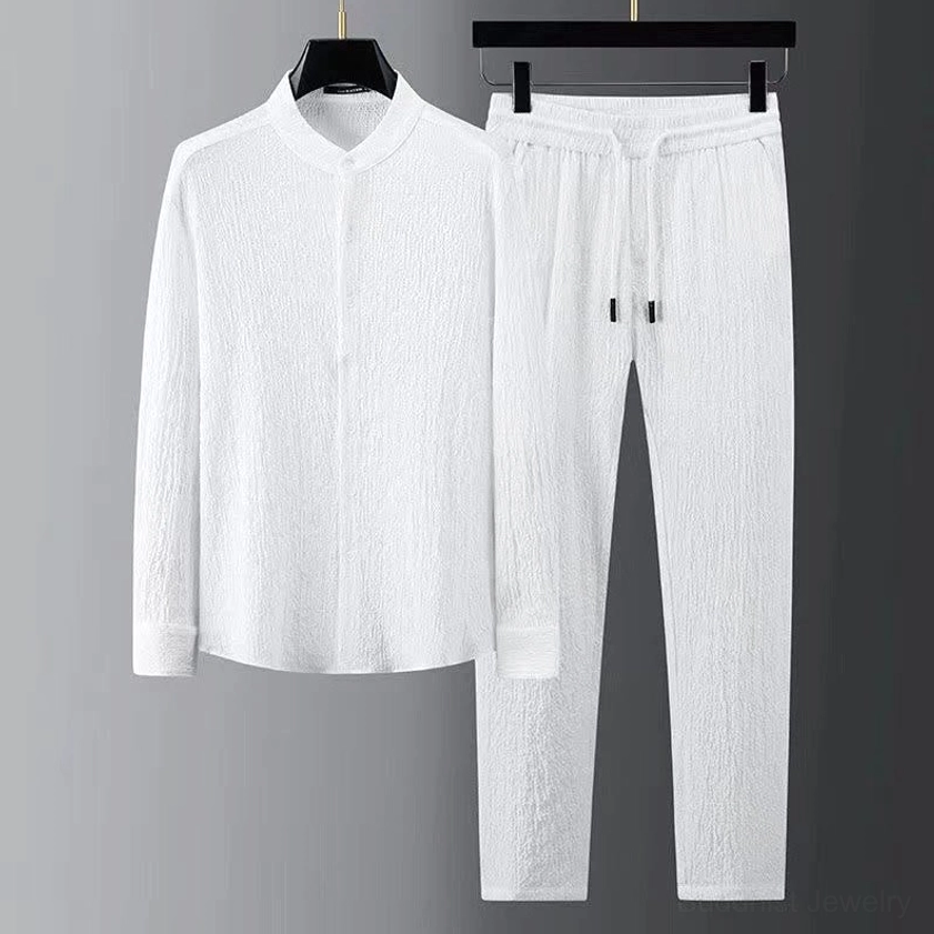 Men's white Buddhist meditation linen shirt and pants two-piece set, front hanging view